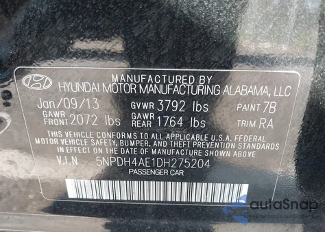 2013 Hyundai Elantra Gls from USA, damaged, VIN 5NPDH4AE1DH275204